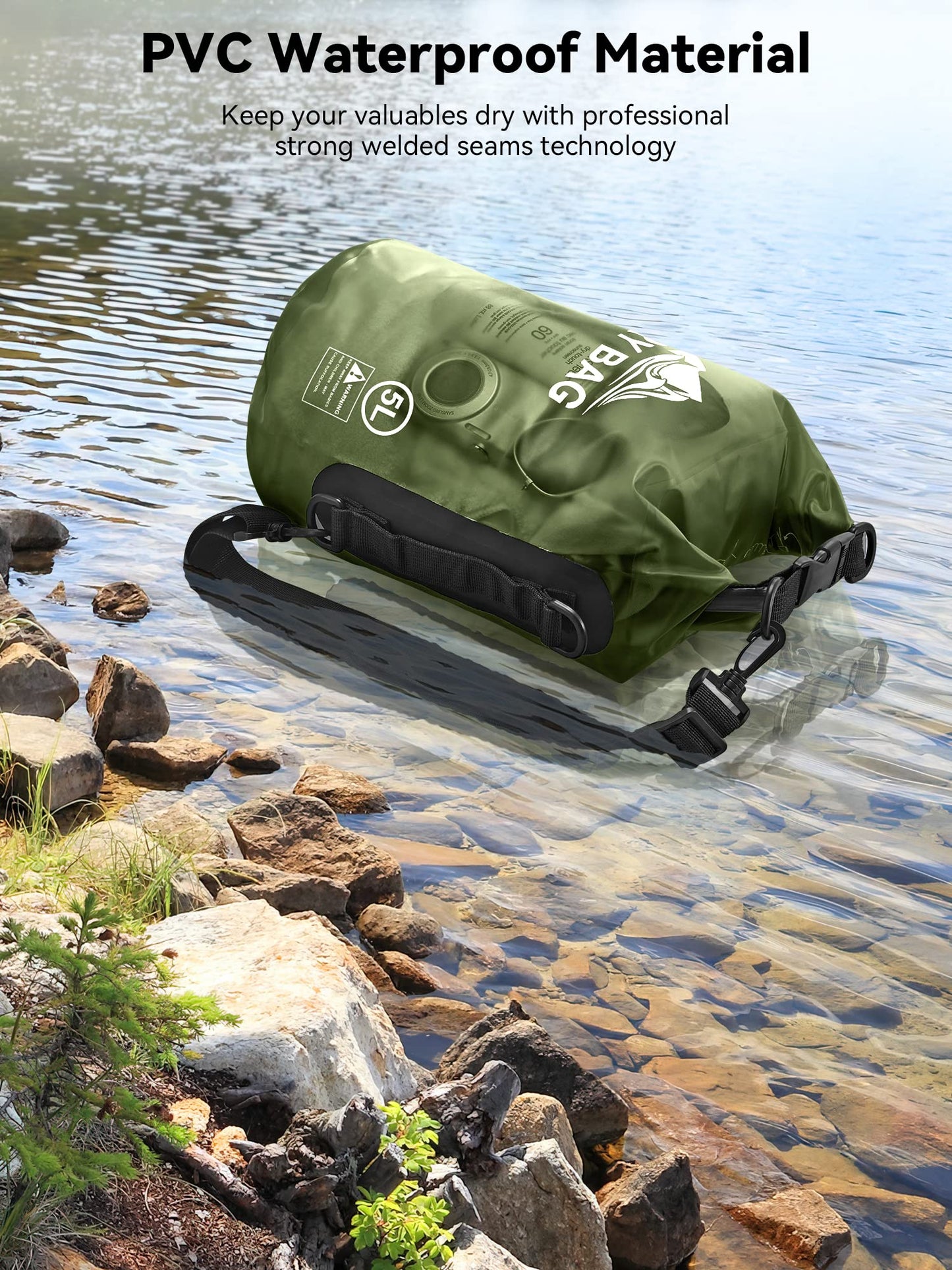 HEETA Waterproof Dry Bag for Women Men, Roll Top Lightweight Dry Storage Bag Backpack with Phone Case for Travel, Swimming, Boating, Kayaking, Camping and Beach, Transparent Pitch Green 5L