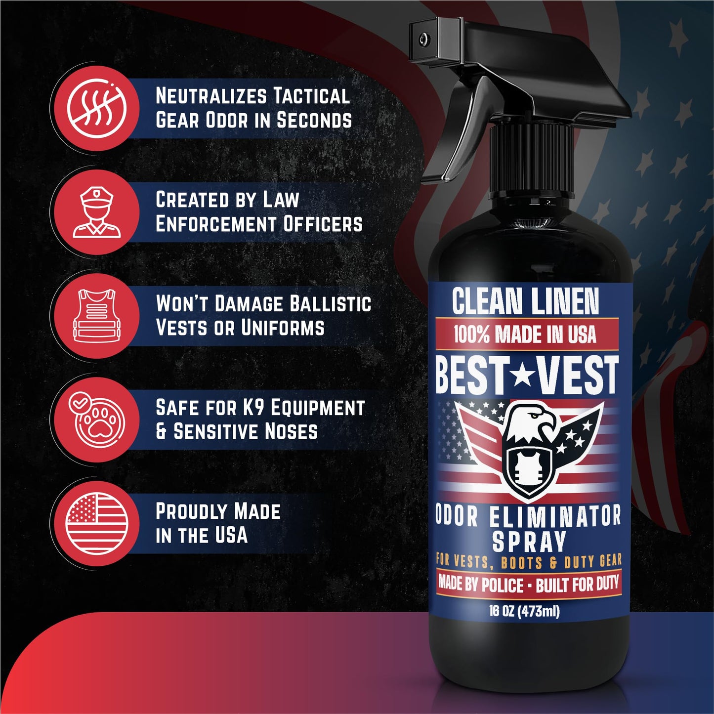 Odor Eliminator Spray for Tactical Gear Vest Carriers Boots and Uniforms Clean Linen Scent 16 fl oz Single Bottle Non Toxic Made in USA