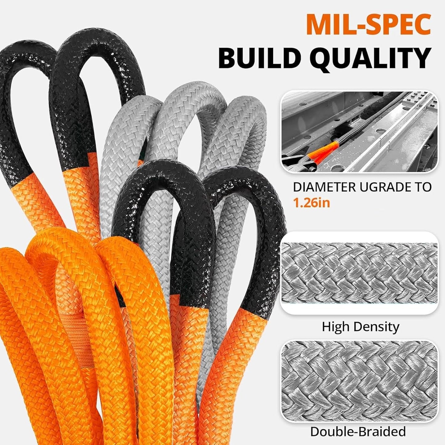 Kinetic Recovery Tow Rope - 1.26" x 30ft Heavy Duty Snatch Strap Kit for Trucks, SUVs, ATVs | Orange