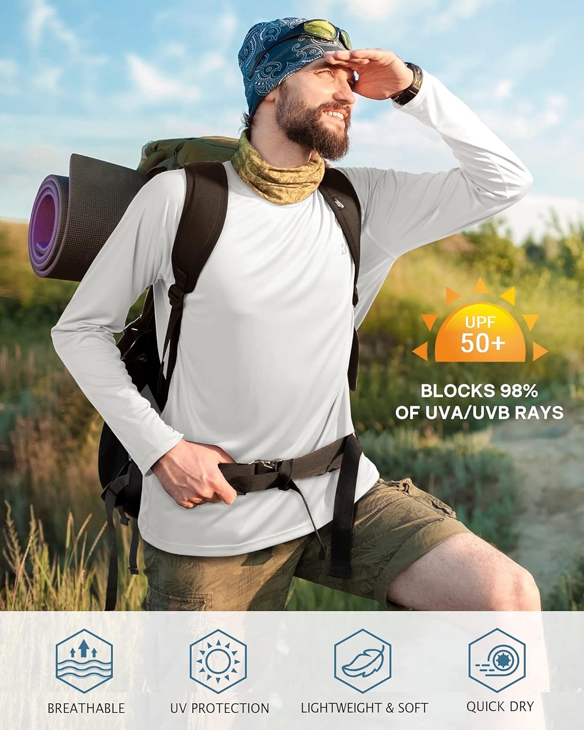UPF 50+ UV Sun Protection Long Sleeve Shirt - Men's Rash Guard for Fishing, Hiking, Swimming & Running
