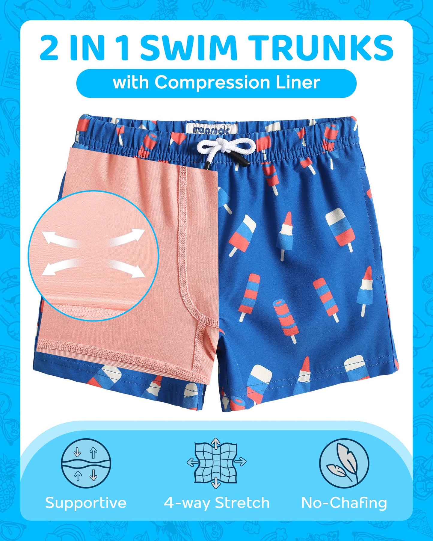 maamgic Boys Swim Trunks with Compression Liner Toddler Boy Swimsuit Quick Dry 4-Way Stretch Swimming Trunks Ice Cream Ocean Blue 10-12 Years