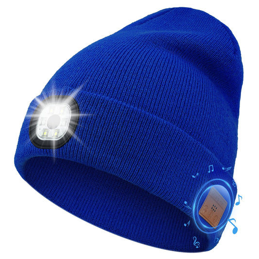 Yontune Bluetooth Hat with Light, Unisex USB Rechargeable 6 LED Headlamp Beanie Cap with Headphones Black Winter Lighted Beanie for Outdoor Sports