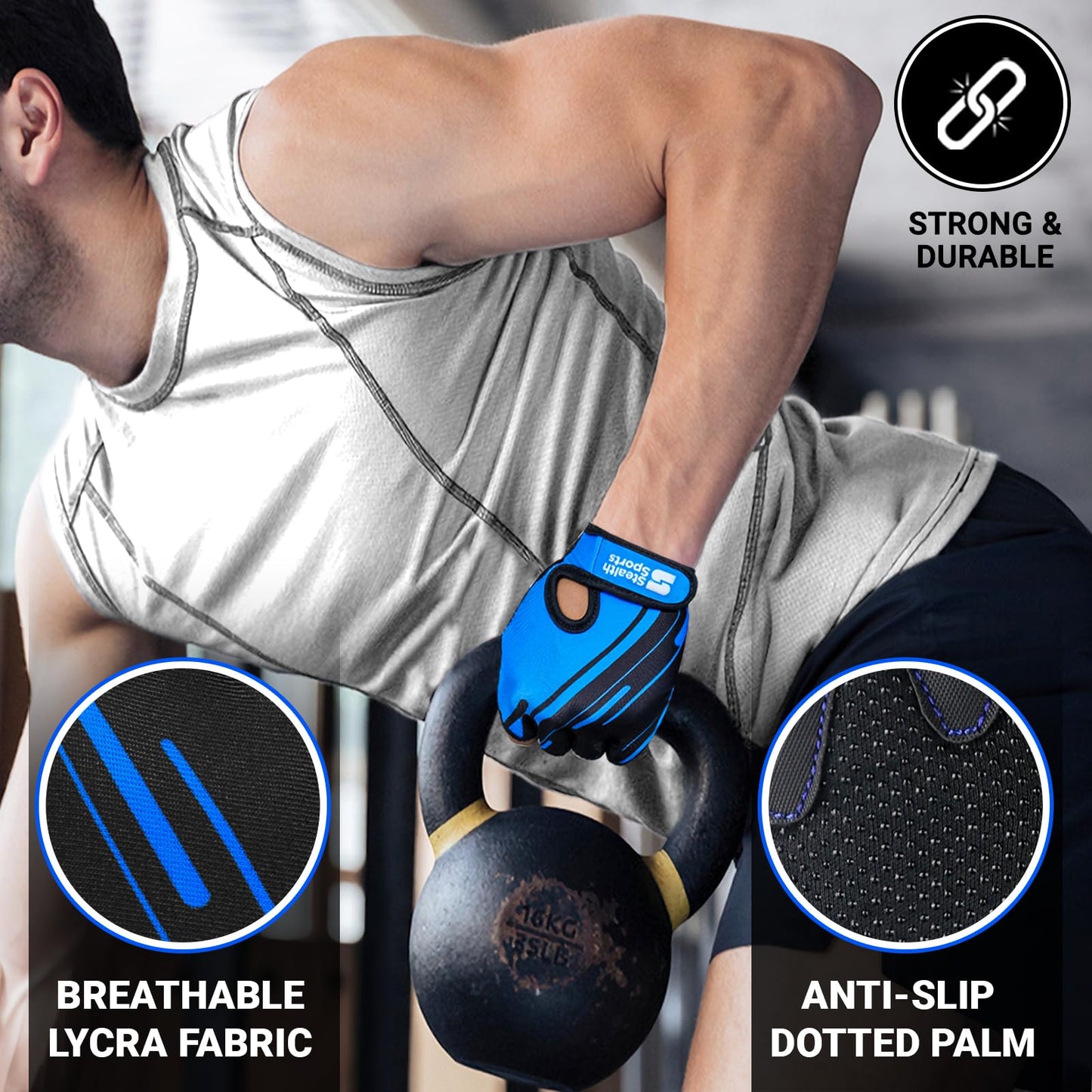 Stealth Sports Weight Lifting Gloves Half Finger Workout Gloves Men Women Anti-Slip Padded Palm Gym Gloves Exercise Gloves Cycling Fitness Weightlifting Strength Training (Blue, Medium)