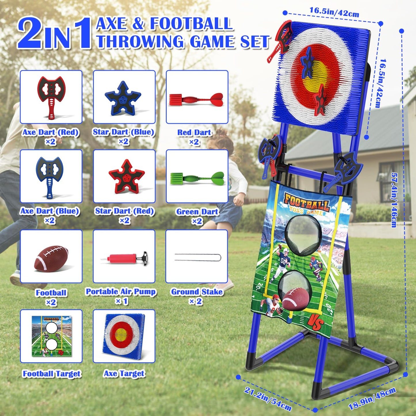 VATOS 2-in-1 Axe & Football Throwing Game Set, Bristle Axe Toss Target with 16 pcs Safe Darts, Portable Outdoor & Indoor Backyard Games for Teens and Adults, Lawn Carnival, Camping Party Toy Gift