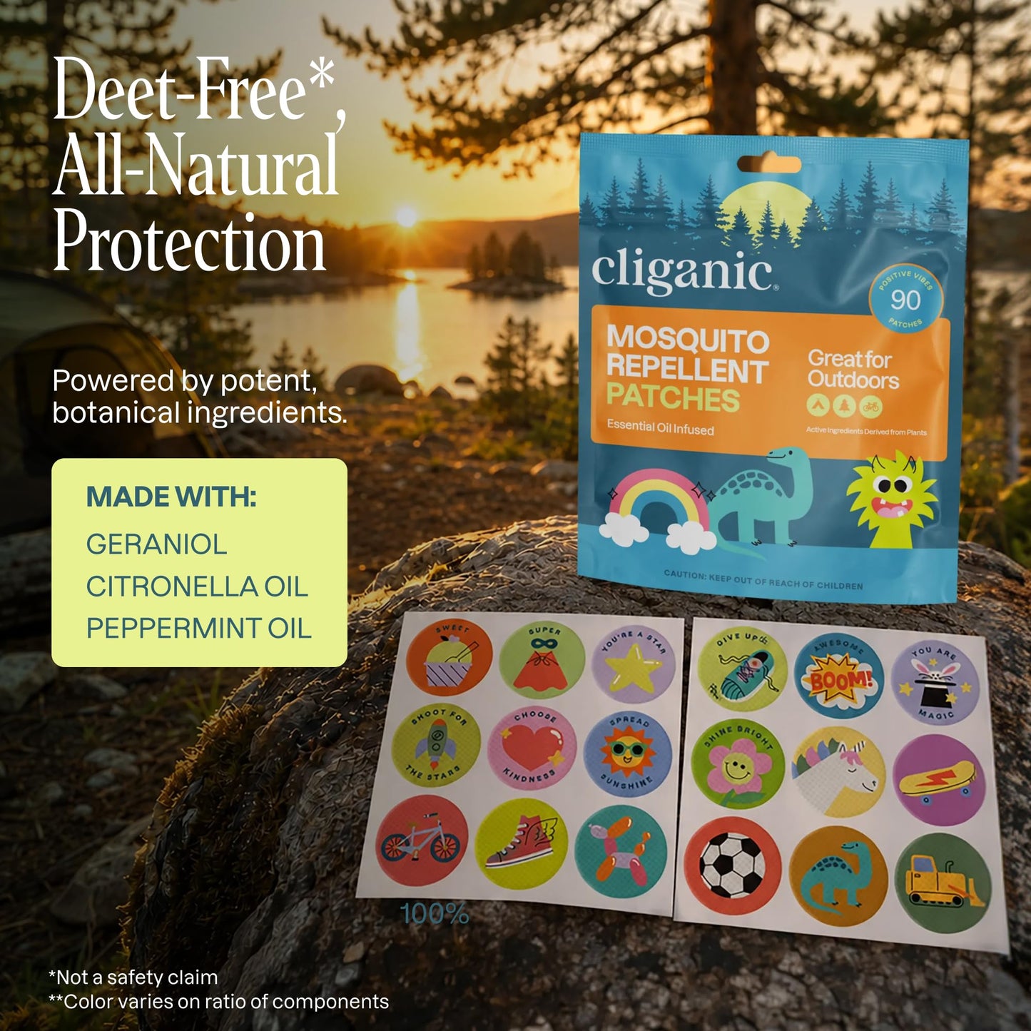 Cliganic Mosquito Repellent Stickers for Kids (90 Pack) - Positive Vibes Patches, Natural DEET-Free, Essential Oil Infused, Insect Repelling Garments