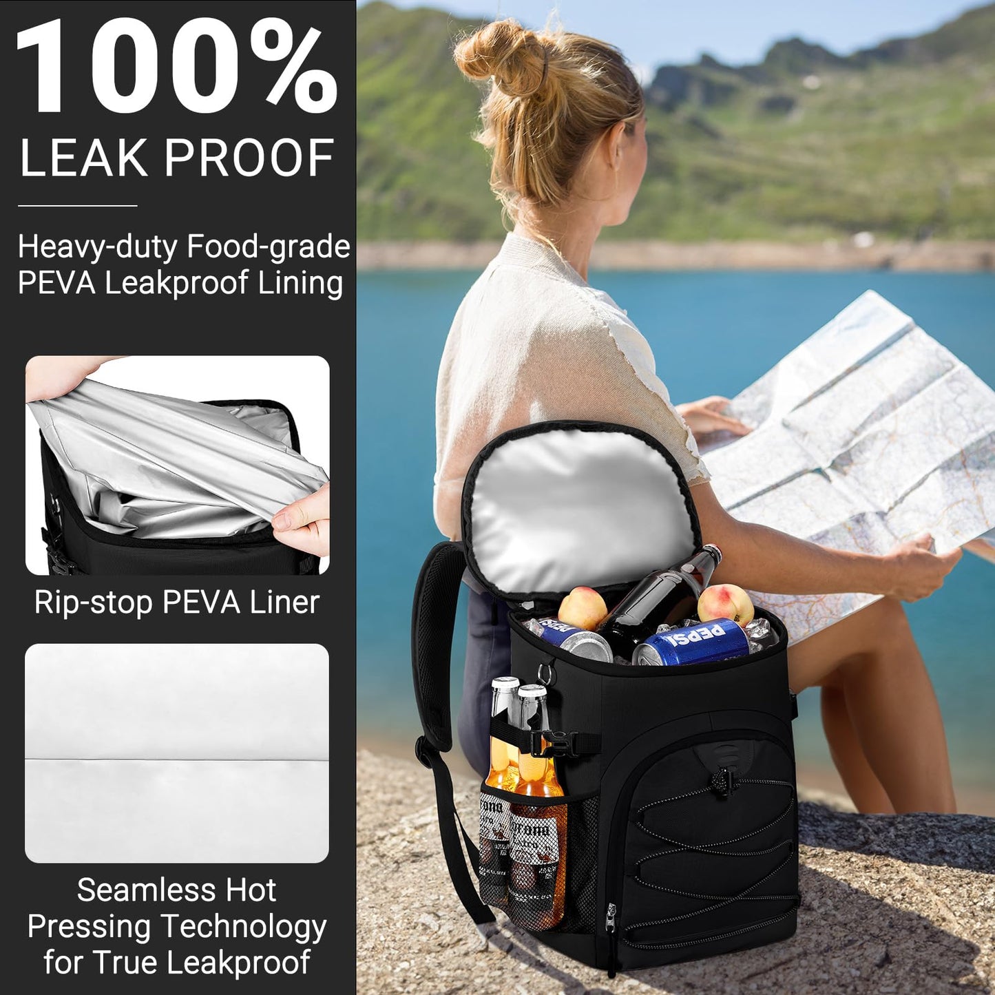 NECKORY Cooler Backpack, Lightweight and Large Capacity Soft Backpack Cooler, Leak Proof Bag for Men Women, Waterproof Insulated Lunch Bag Portable for Camping Traveling Hiking Office (Black)