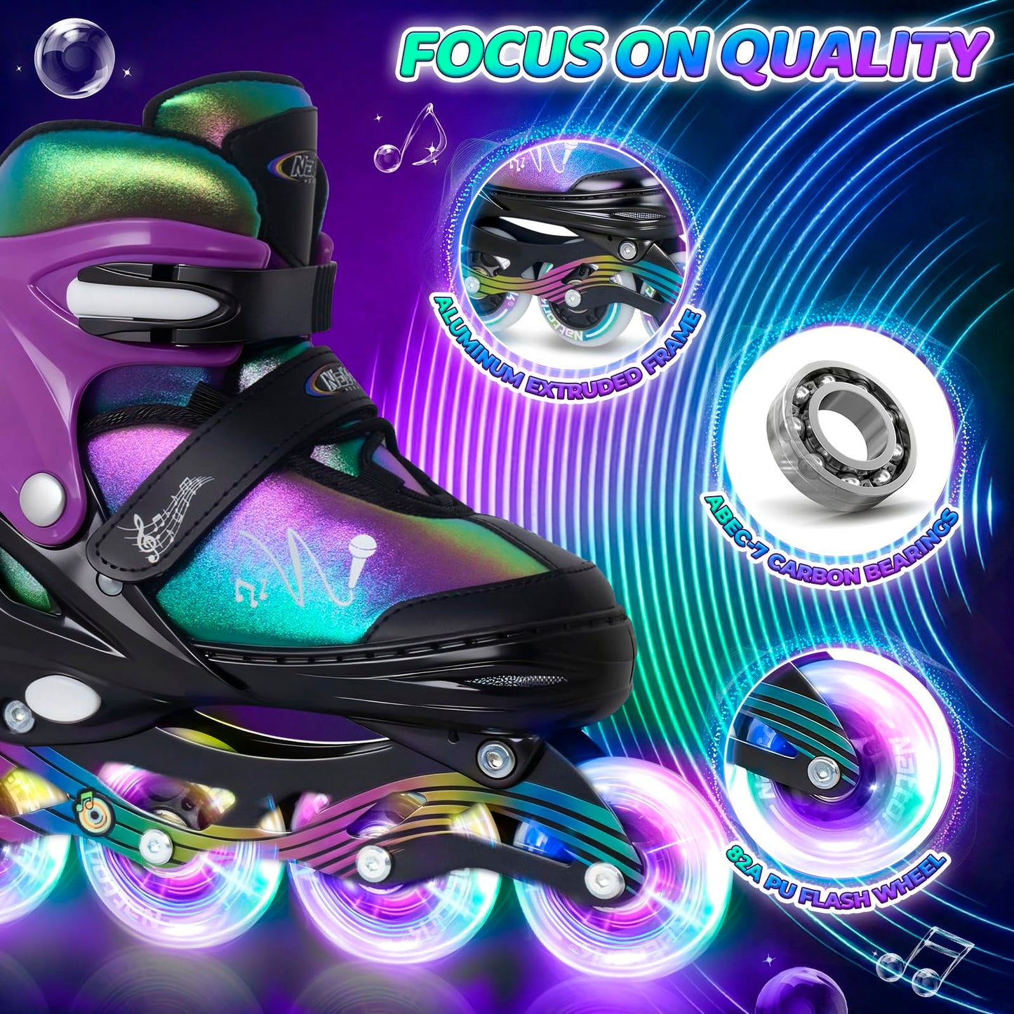 Nattork Adjustable Inline Skates for Kids & Teens with Flashing Light-Up Wheels, Gradient Color ABEC-7 Bearings for Smooth Glide, Safe & Durable Sizing Adjustable Skates Voilet
