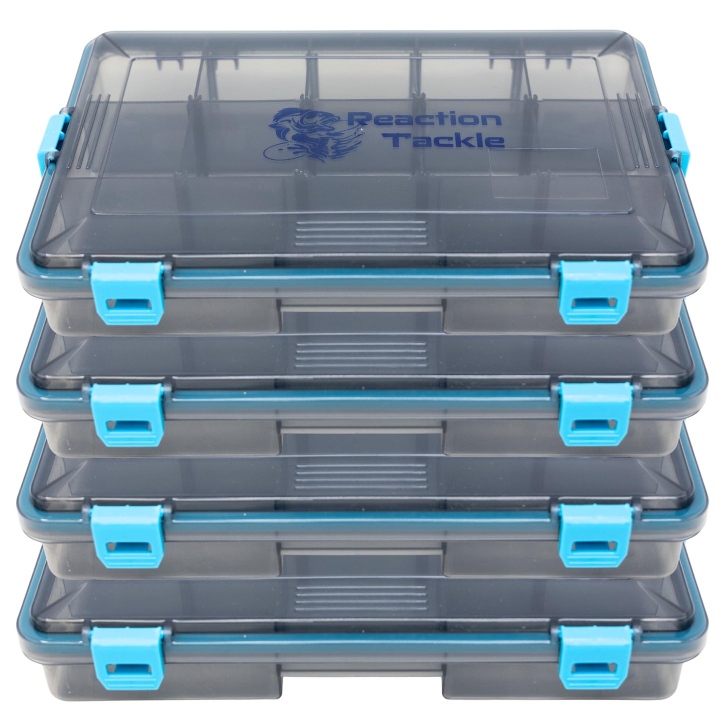 Reaction Tackle Standard Tackle Trays, Plastic Tackle Box Organizers with Four Secure Latches, Removable Dividers and Semi Transparent Lid for Fishing Storage - 3600 (4-Pack)