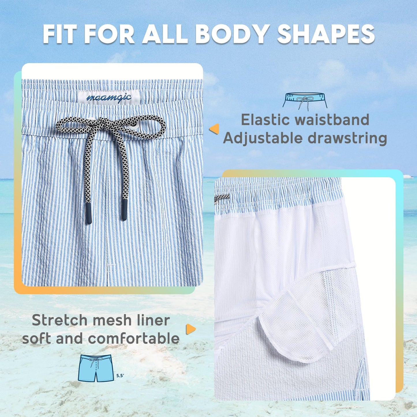 maamgic Men's Swim Trunks 5.5 inch Seersucker Beach Shorts Quick Dry Bathing Suits with Mesh Liner Blue Stripe Large