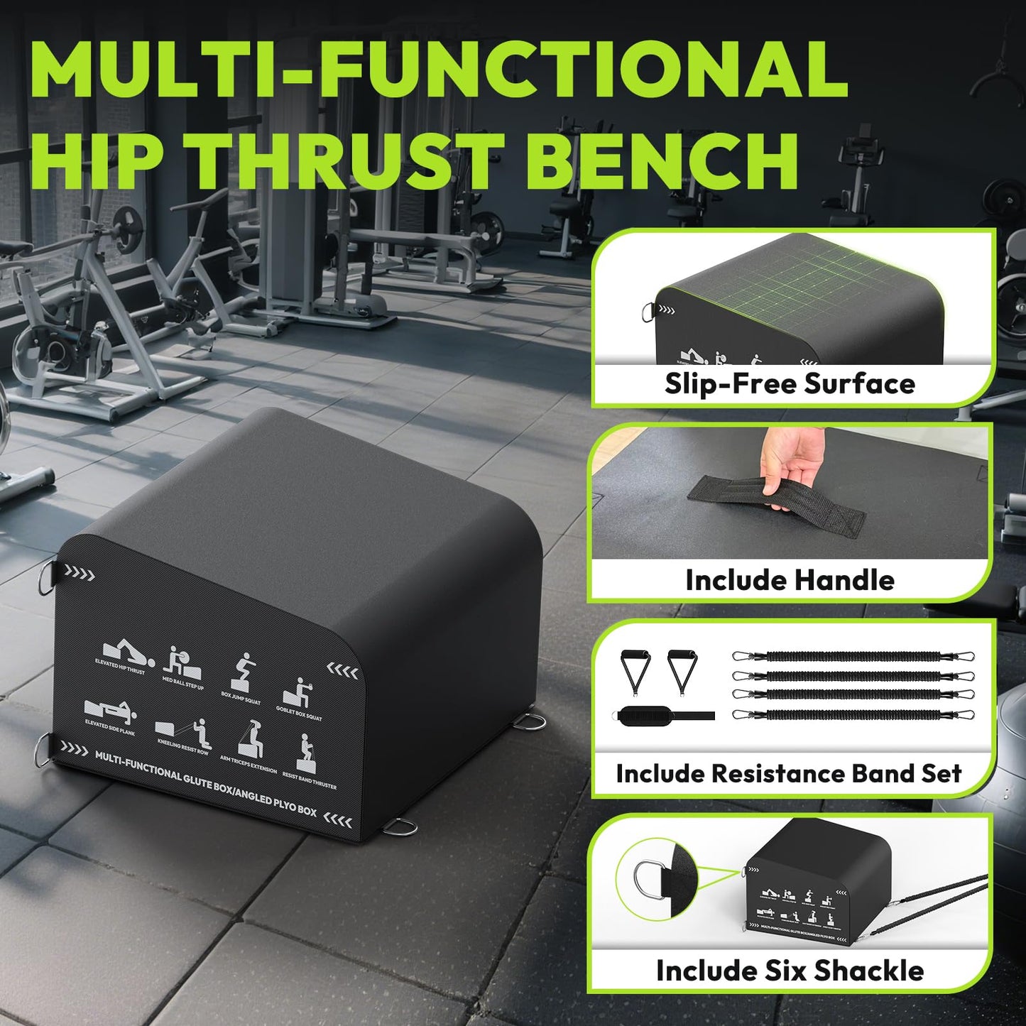 HANDBODE Hip Thrust Bench, Multi-Functional Slip-Free Hip Thrust Machine for Glute Bridge, Box Jump, Push-Ups, Squat, Ab Exercise, Suitable for Home & Gym, Includes 6ft Olympic Bars