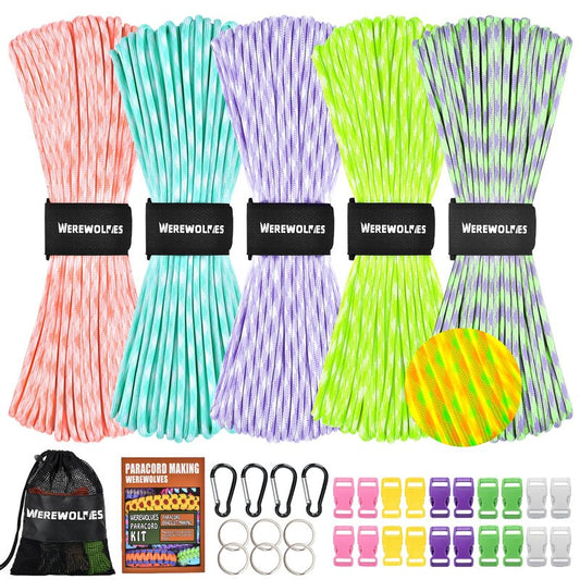 WEREWOLVES 550 Paracord Kits 100ft Each Color - 5 Colors Parachute Cord Combo 7 Strand Type III Parachute Cord 4mm for Crafting, Dog Collar, Survival Bracelets (Glow in The Dark, 100FT Each Color)