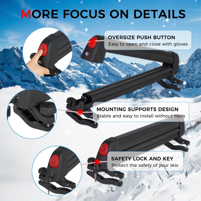 LINGVUM Ski and Snowboard Roof Racks with Anti-Theft Lock, 24.3" Universal Ski Roof Rack Carrier - Fits 6 Pairs Skis or 4 Snowboards, Black