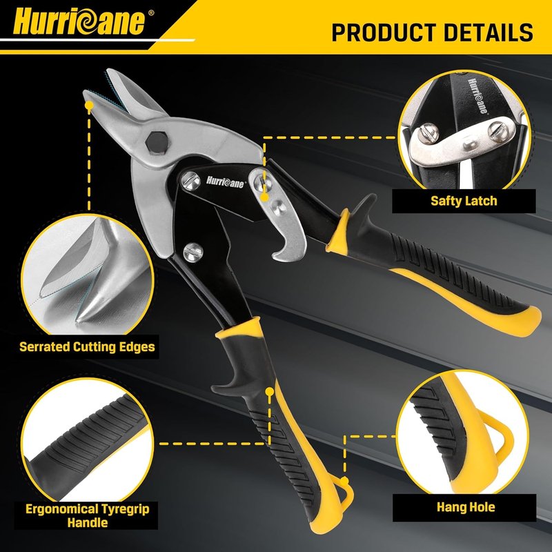 HURRICANE Aviation Tin Snips - 9.5" Straight Cut Sheet Metal Shears for HVAC & Metalworking | Bulldog Nose Cutters for 18ga Steel & 22ga Stainless