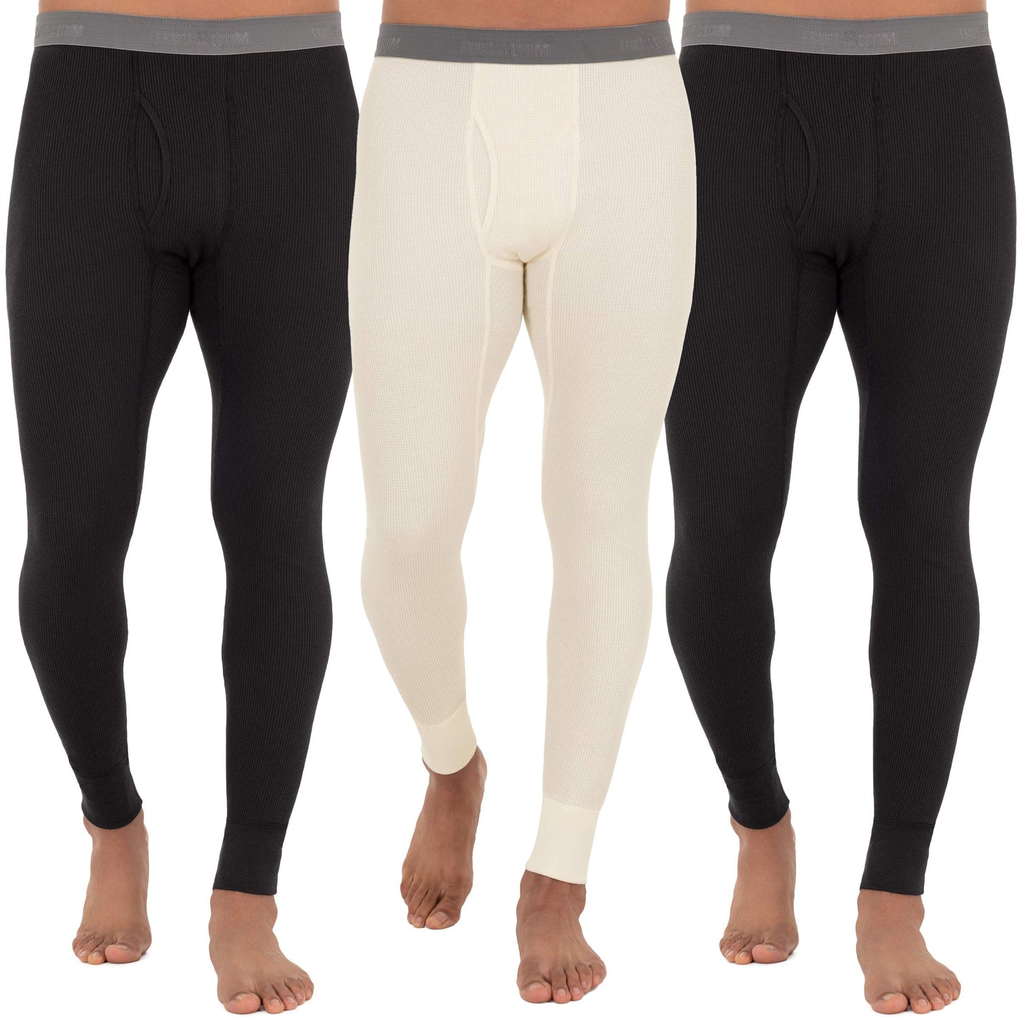 Fruit of The Loom Men's 3-Pack Recycled Waffle Thermal Underwear Bottom, Black/Black/Natural, Large
