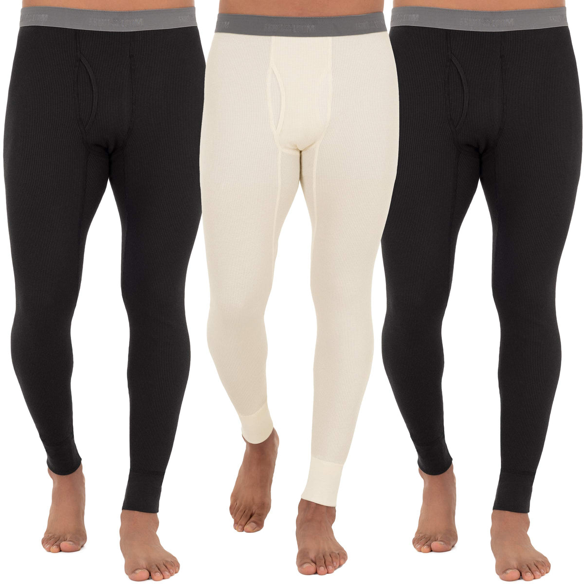 Fruit of The Loom Men's 3-Pack Recycled Waffle Thermal Underwear Bottom, Black/Black/Natural, X-Large