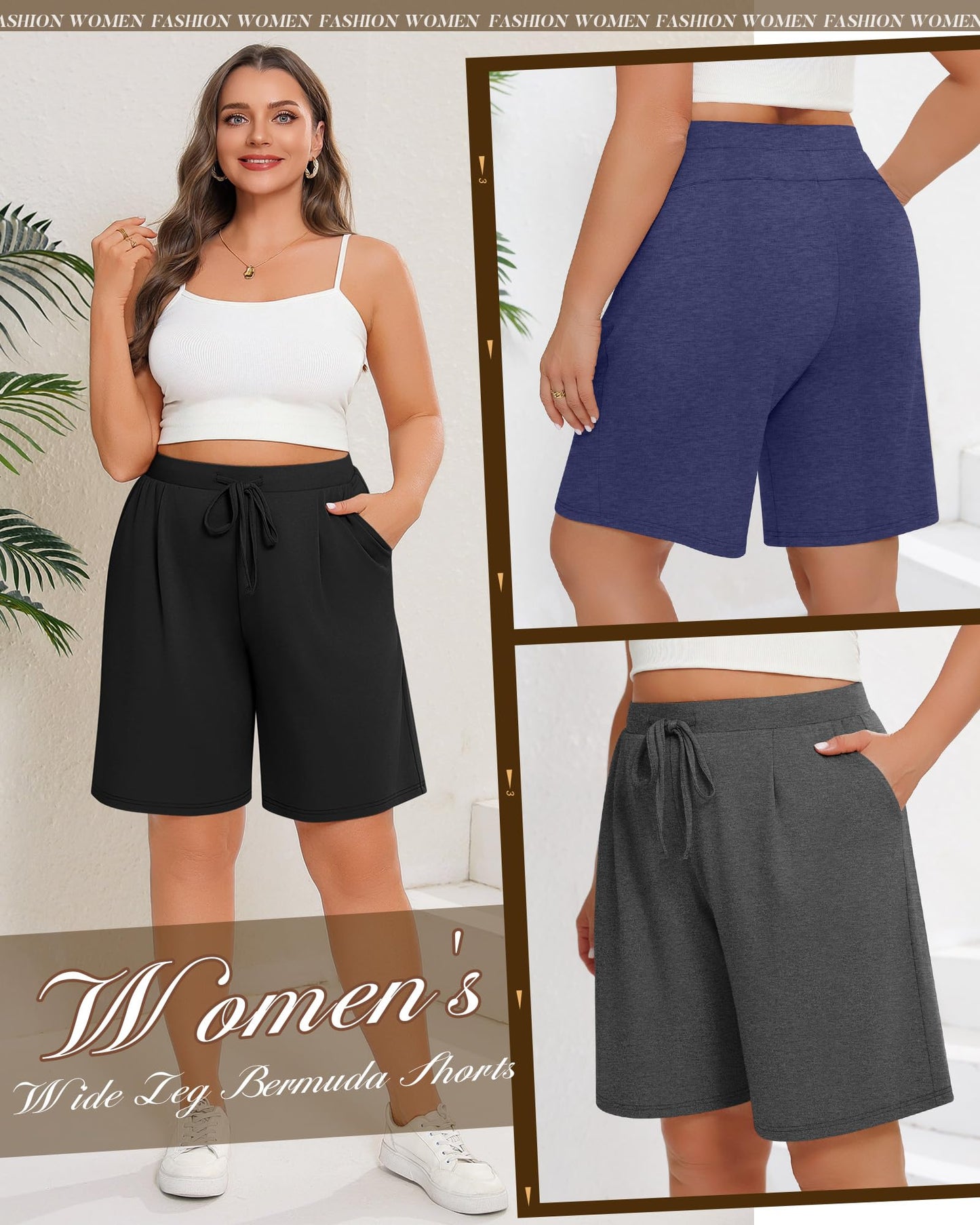 Huukeay 3 Pack Women's Plus Size Bermuda Shorts Casual Knit Drawstring Knee Length Walking Shorts with Pockets(Black,Heather Gray,Dark Blue,3X-Large)