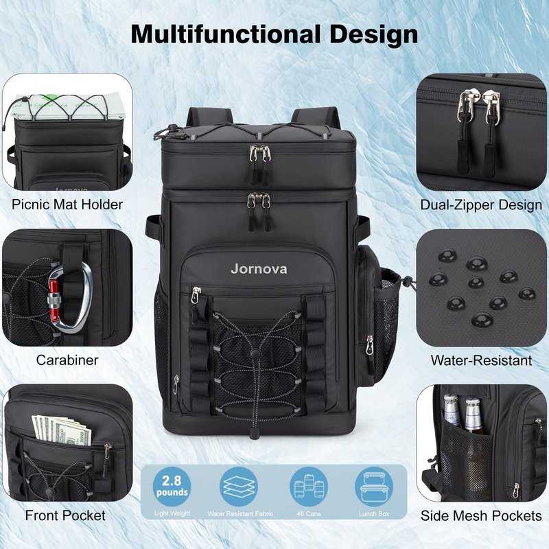 Jornova Insulated Cooler Backpack, 35L Leakproof Backpack with Double Compartments for Men & Women, Large Lunch Cooler for Camping, Beach, Travel, Picnic, Up to 48 Cans