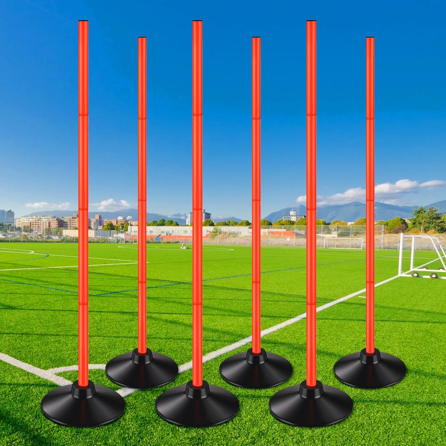 TOBWOLF 6PCS 5.3FT Adjustable Soccer Agility Poles with Rubber Bases, Detachable Soccer Training Poles, Soccer Sticks with Organizer Bag for Football, Rugby, Basketball, Turf, Indoor & Outdoor