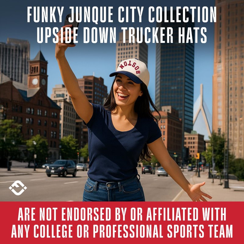 Funky Junque Retro Boston Hat – Baseball Cap with Upside Down City Arched Embroidery – Unisex Adjustable Snapback for Game Day, Streetwear – Boston (Navy/Beige)