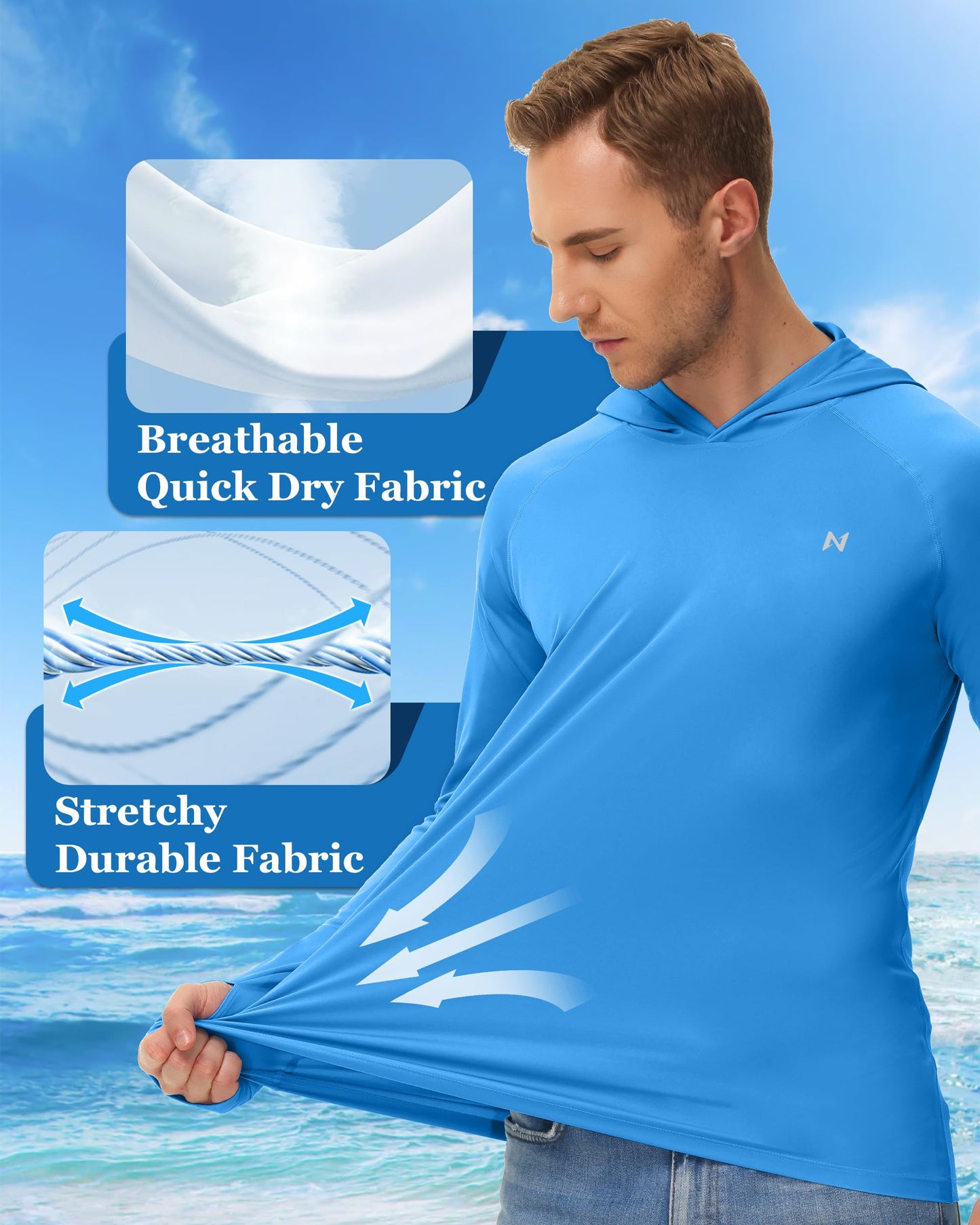 isnowood Sun Shirt UPF 50+ Men's Fishing Long Sleeve UV Protection Hoodie Hiking Rash Guard Swimming Running Blue