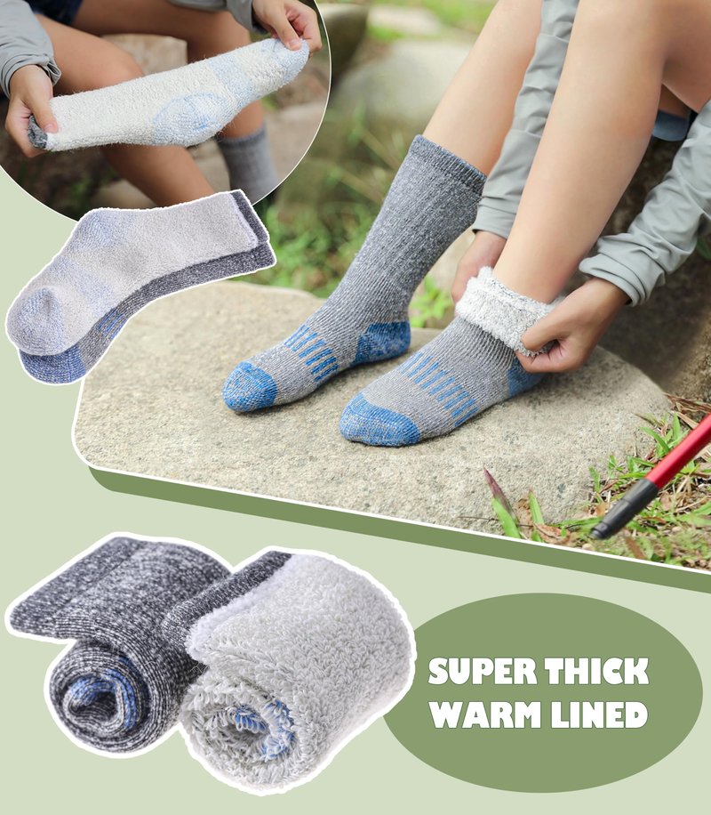 LANLEO Kids Merino Wool Hiking Socks Boys Girls Winter Thermal Warm Thick Cozy Cushion Boot Crew Socks 3 Pairs Hiking Socks Blue,4-7 Year Old