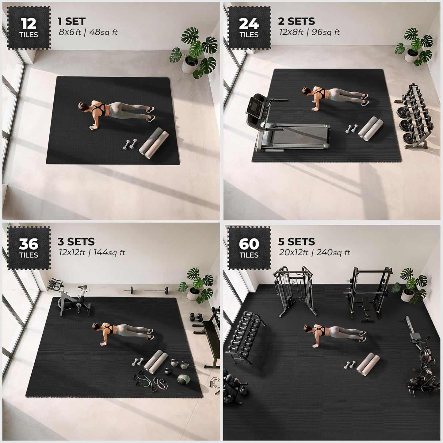 Gym Mats Set - 12 Pcs EVA Interlocking Foam Floor Tiles | 48 Sq Ft Protective Flooring for Home Workout & Exercise