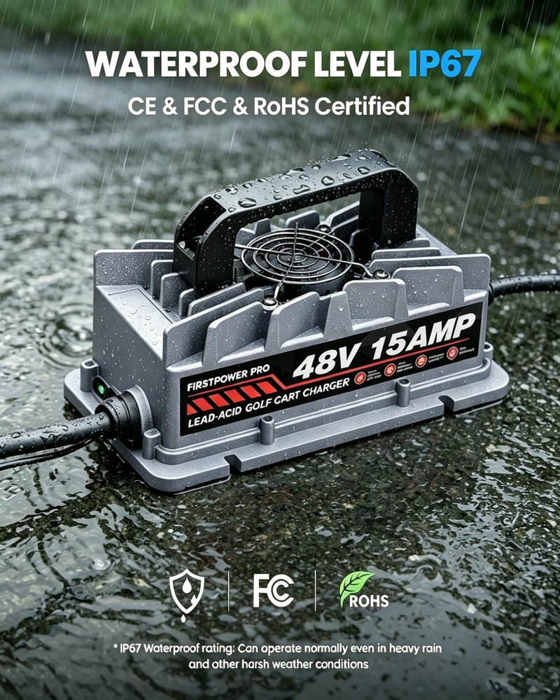 Club Car Charger, 48V 15A Golf Cart Charger, Golf Cart Battery Charger with 3-Pin Round Plug, 4-6H Fast Full Charge Trickle Charge, Lead Acid Battery Charger - IP67 Waterproof with Fan Design