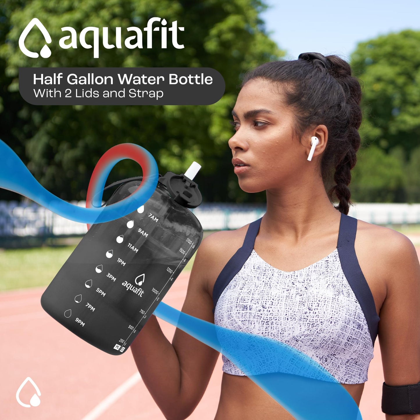 AQUAFIT 64 oz Water Bottle with Time Marker - Straw & Chug Lid - BPA Free Half Gallon Water Bottle, Big Water Bottle with Straw - Gym Water Bottle with Handle, Gallon Water Jug (Clarity, 64 oz)