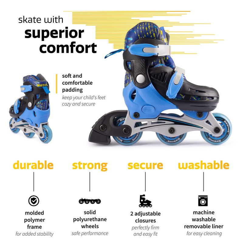 New Bounce Roller Skates for Little Kids - Shoe Size EU 28-31, US Kids Junior Size 8-11, 2-in-1 Roller Skates for Girls, Converts from Tri-Wheel to Inline Skates - Rollerskates for Beginners | Blue