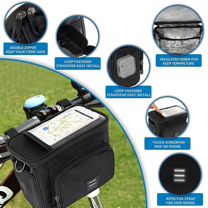 dujp Insulated Bike Handlebar Bag, Waterproof Bicycle Front Basket Cooler Pouch with Phone Holder Touch Screen, Cycling Storage Bag with Shoulder Strap for Outdoor Travel
