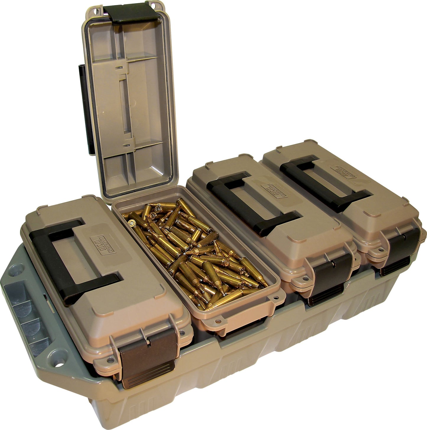 MTM AC4C 4- can Ammo Crate, Convenient size, Stackable, easy carry and transport of 30 caliber ammo, Rugged tactical carrying crate, USA Made, 23.6"L x 11.25"W x 7.5"H, Brown