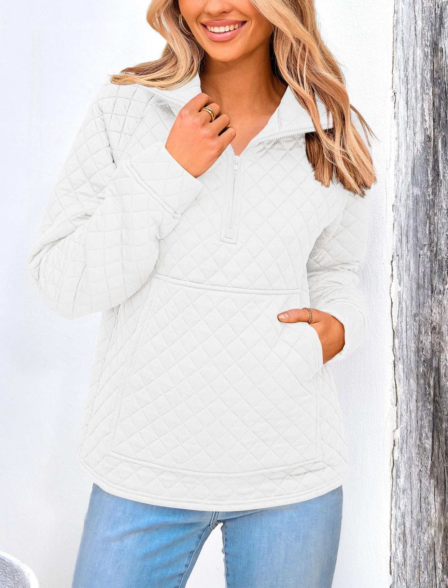 PRETTYGARDEN Women's Winter Quilted Sweatshirt Casual Quarter Zip Collared Long Sleeve V Neck Pullover Tops (White,Large)