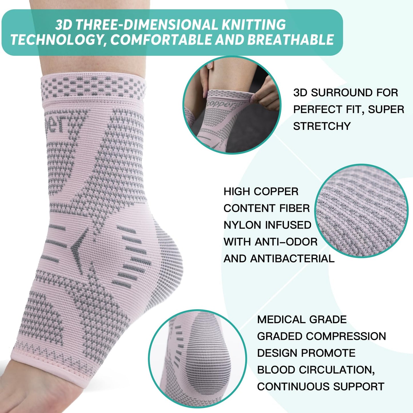 Copper Ankle Brace for Women & Men, Ankle Compression Sleeve Support, Copper Infused Ankle Sleeve for Sprained Ankle, Plantar Fasciitis Sports, Achilles Tendonitis Pain Relief, Pink Silver, M