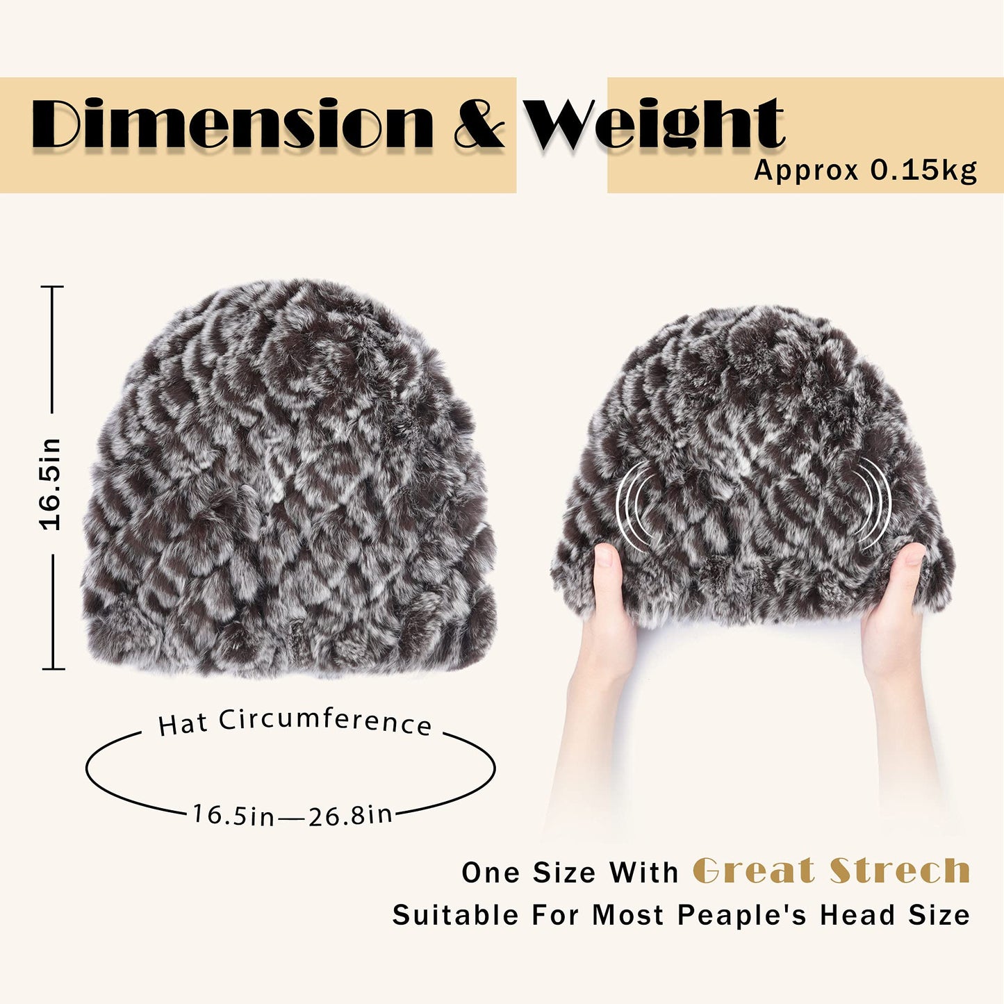 Women's Rabbit Fur Hat Furry Knit Beanie Hat Warm Winter Hat Ski Skull Cap（Stripe-Silver Brown）