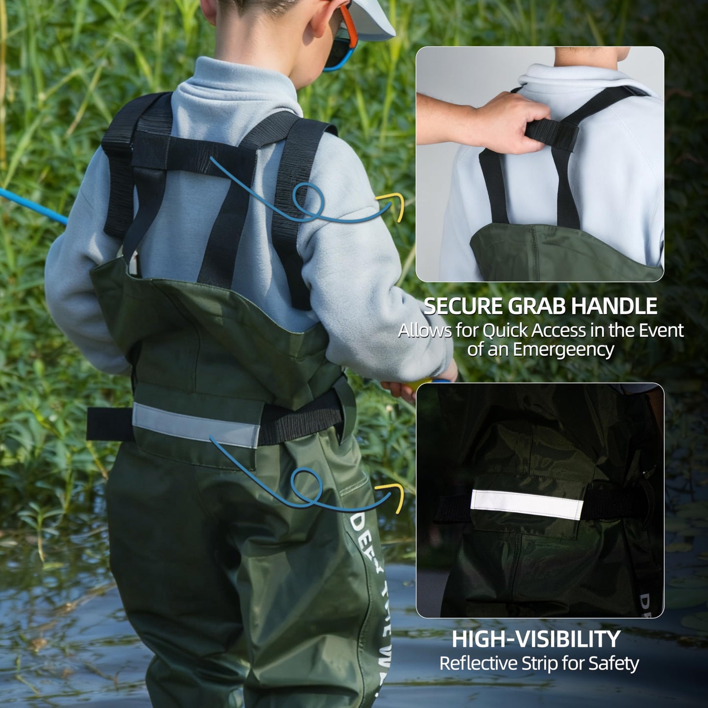 wasserflux Kids Chest Waders with Boots – Waterproof PVC Youth Waders with Reflective Strips & Reinforced Knees, Lightweight Fishing Waders, Green 8/9T