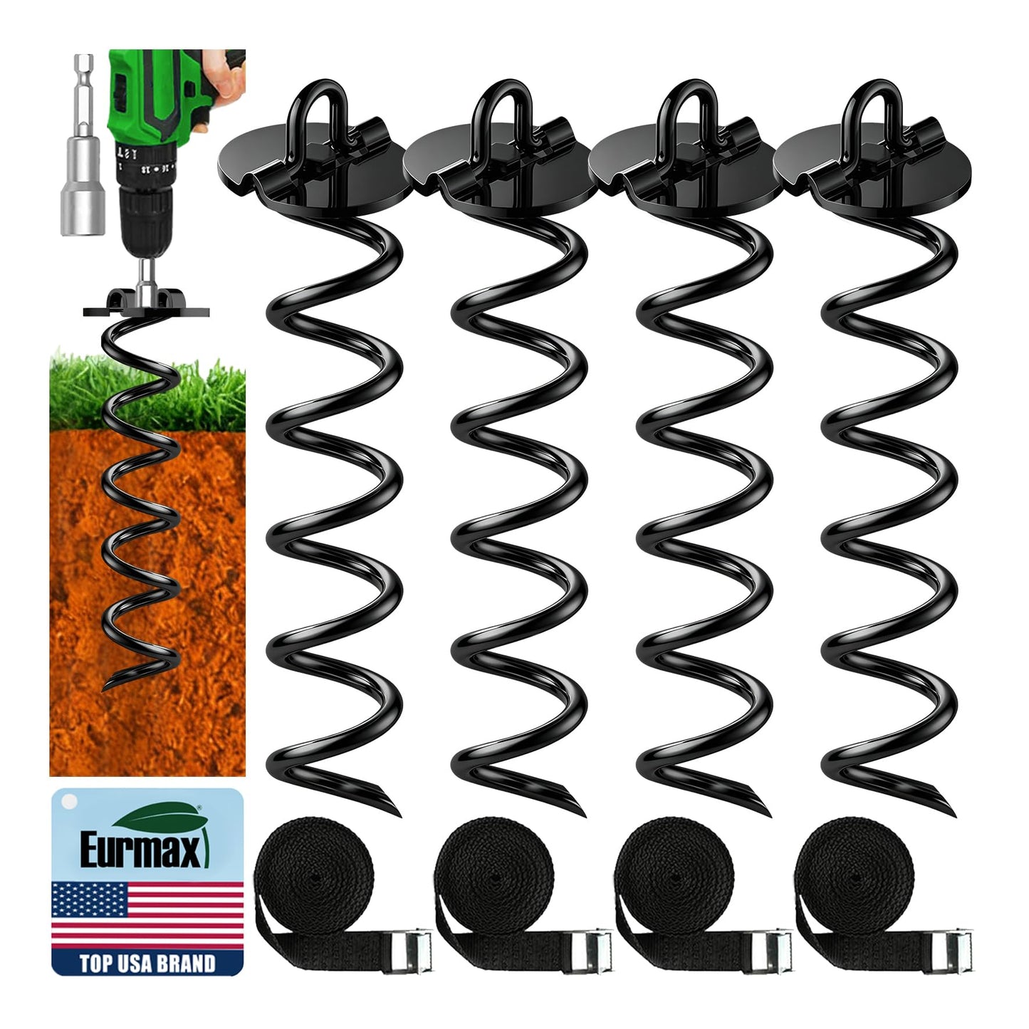 Eurmax USA 4-Pack Spiral Ground Stakes,Anti-Rust High Wind Trampoline Stakes Anchors,Heavy Duty Screw-in Anchor Kit with Tie Down Straps for Dog Tie-Out,Trampoline,Tents,Tarps,Carports and More,Black