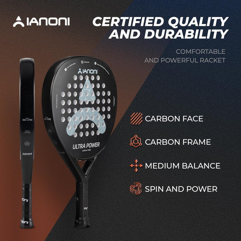 ianoni Padel Racket Carbon Fiber+ Rough face with EVA Memory Flex Foam Core -Ultra Power-Black
