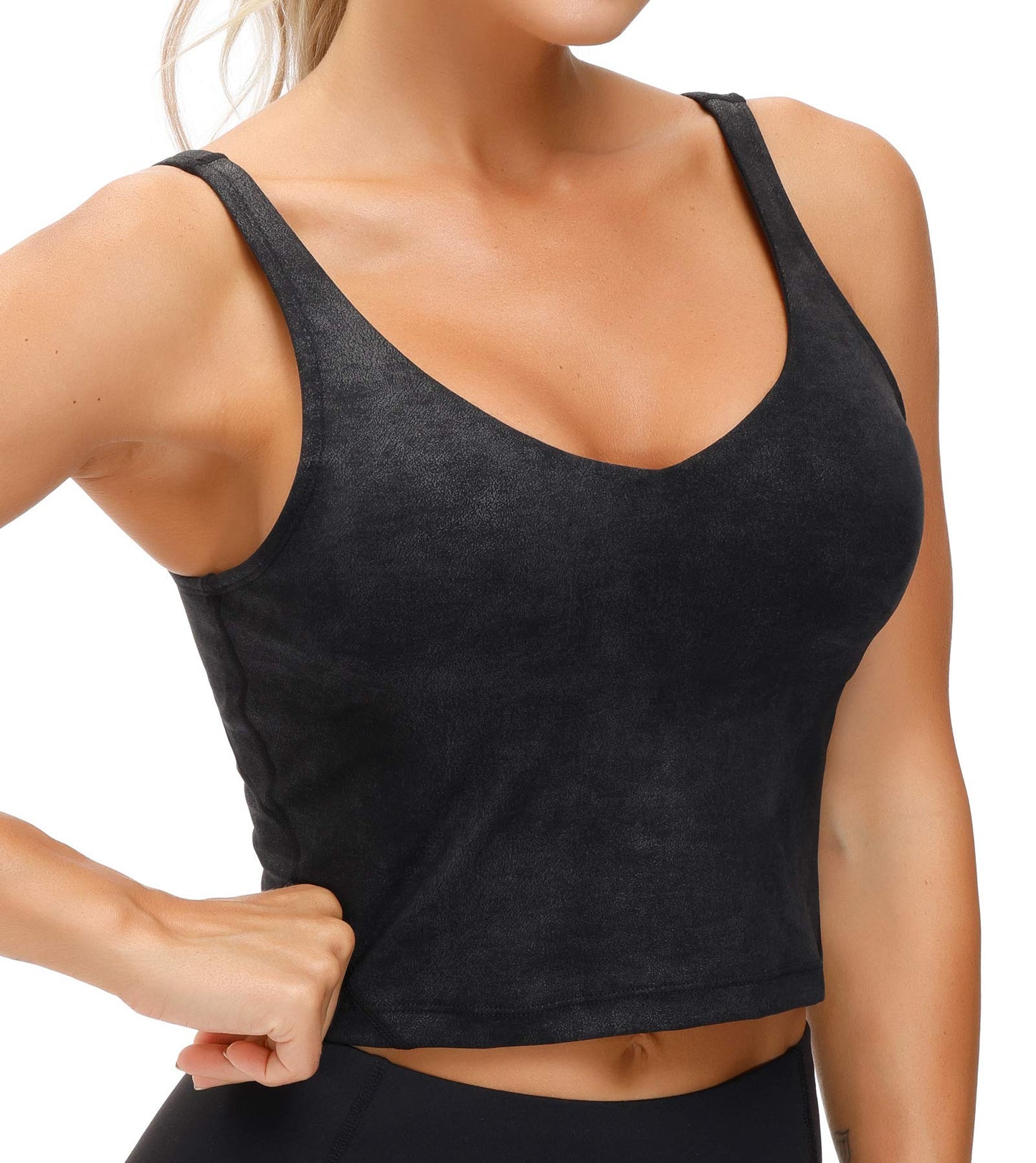 THE GYM PEOPLE Women’s Longline Sports Bra Wirefree Padded Medium Support Yoga Bras Gym Running Workout Tank Tops (Faux Leather Coated, Small)