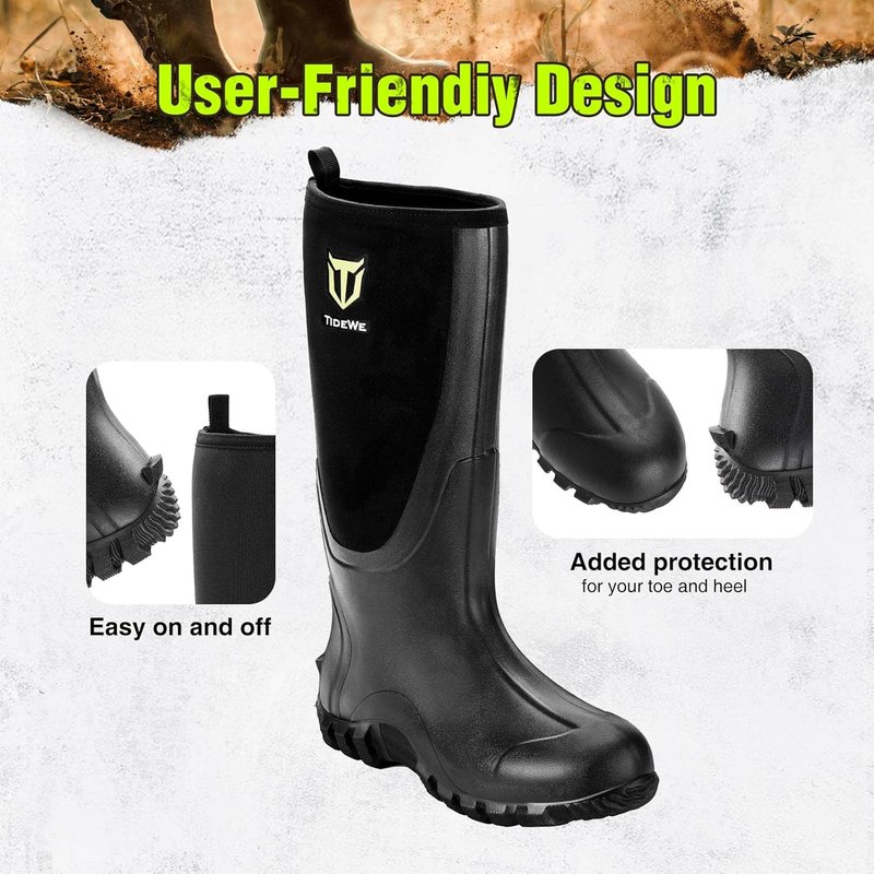TIDEWE Rubber Boots for Men - Waterproof Multi-Season Hunting Boots | 6mm Neoprene, Steel Shank Design