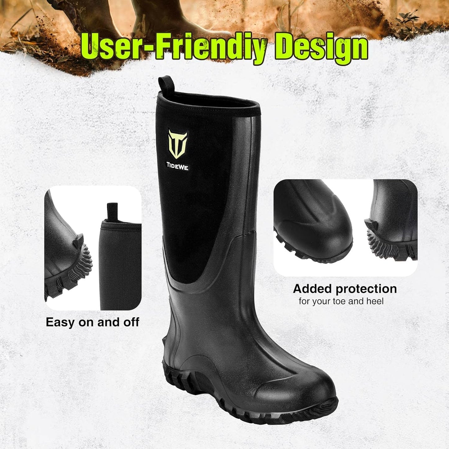 TIDEWE Waterproof Rubber Boots for Men - Multi-Season Outdoor Hunting | 6mm Neoprene, Steel Shank