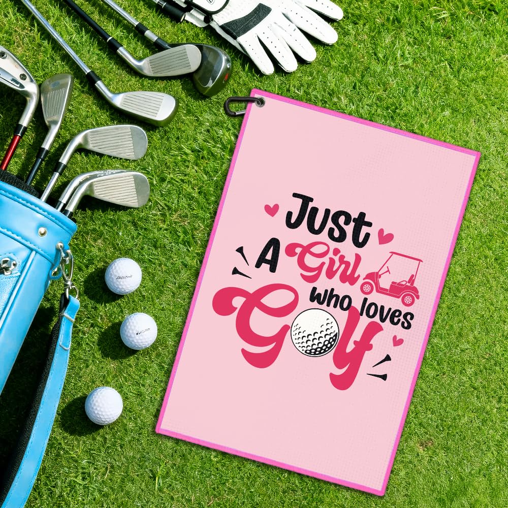 Juoqg Just A Girl Who Loves Golf Towel, Funny Golf Bag Towel with Clip for Women, Golfing Accessories for Women, Birthday Retirement Gifts for Female Golfer, Golfing Gifts for Lady Mom Grandma Sister