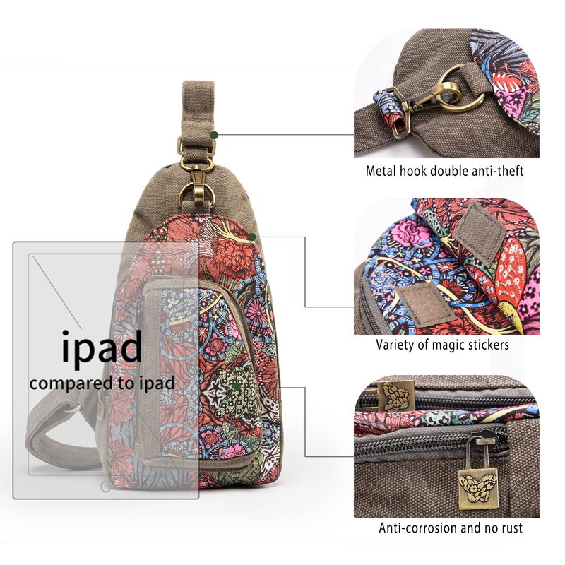 Black Butterfly Bohemian Floral Canvas Sling Bag for Women Men, Lightweight Crossbody Chest Bag for Travel Hiking, Adjustable Shoulder Strap Daypack with Multiple Pockets (Grey)