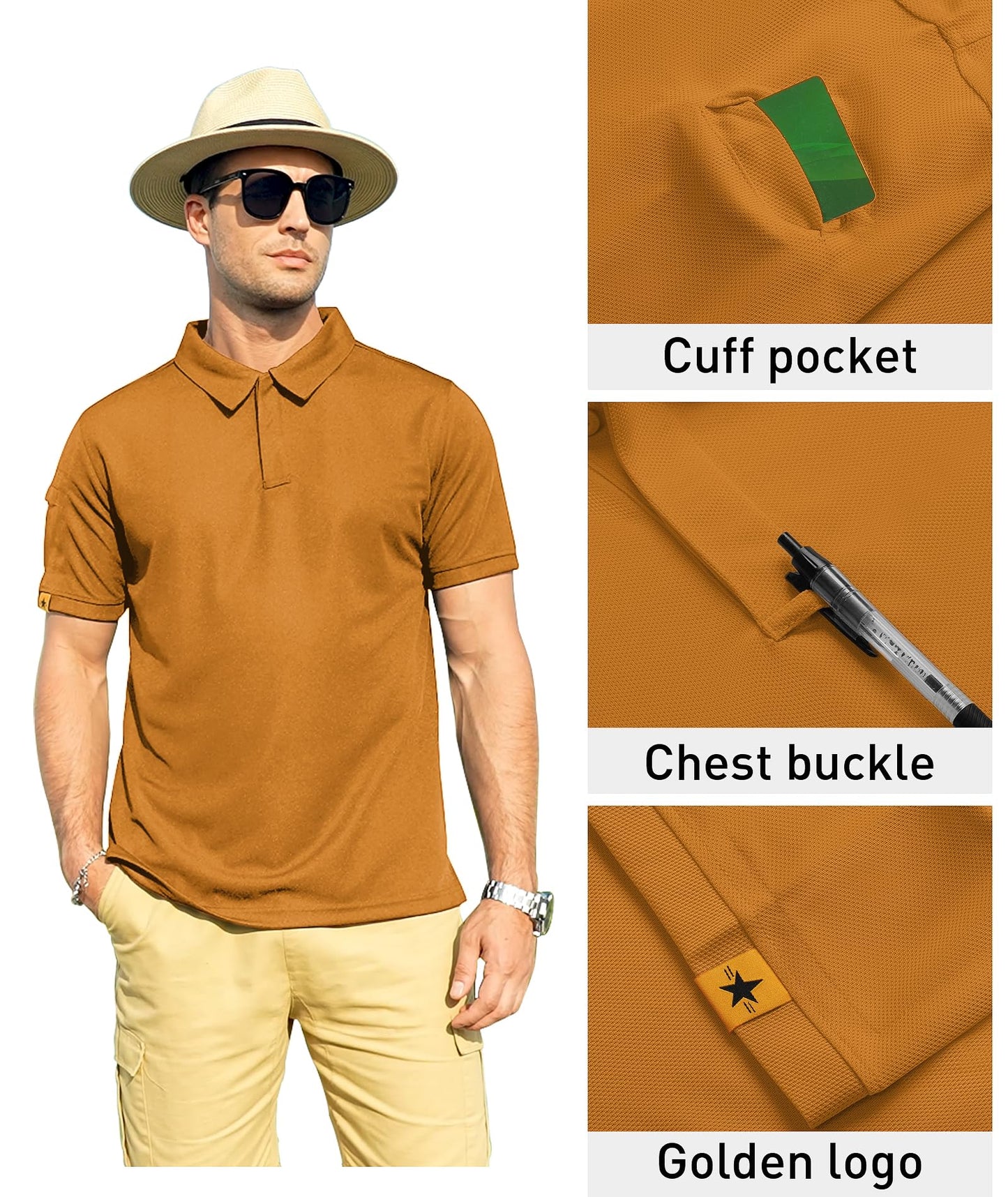 ZITY Mens Polo Shirt Short Sleeve Sports Tactical T-Shirt Athletic Golf Polos Daily Casual Stylish Collared Shirts for Men Light Orange X-Large