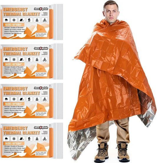Survival Emergency Thermal Blankets - Thick 28um Mylar Kit for Cold Weather Camping | Orange 4 Pack