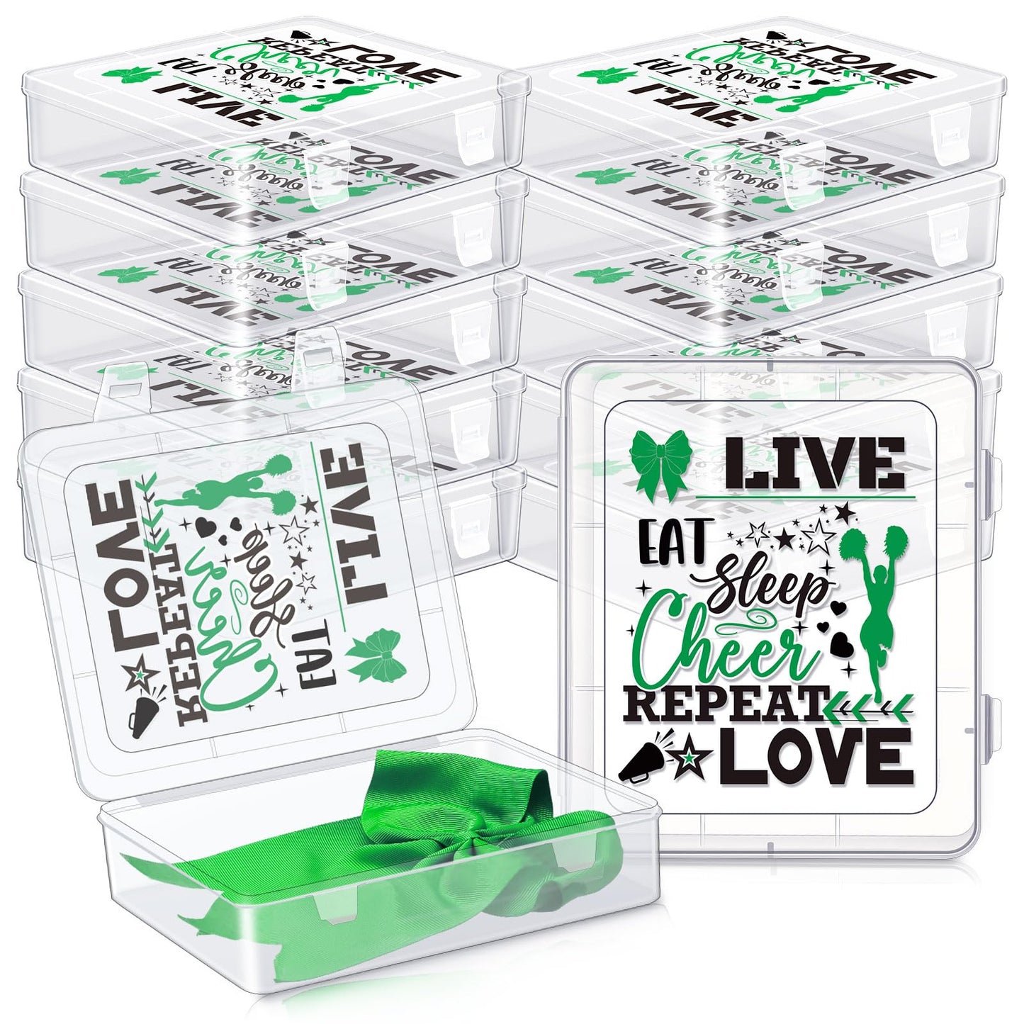 DoubleFill 12 Pcs Large Cheer Bow Box Plastic for Cheer Team Gifts Case Bulk Senior 2026 Sash Gift for Team Cheerleader Hair Accessories Organizer Bows Travel Storage for Women(Green and Black)