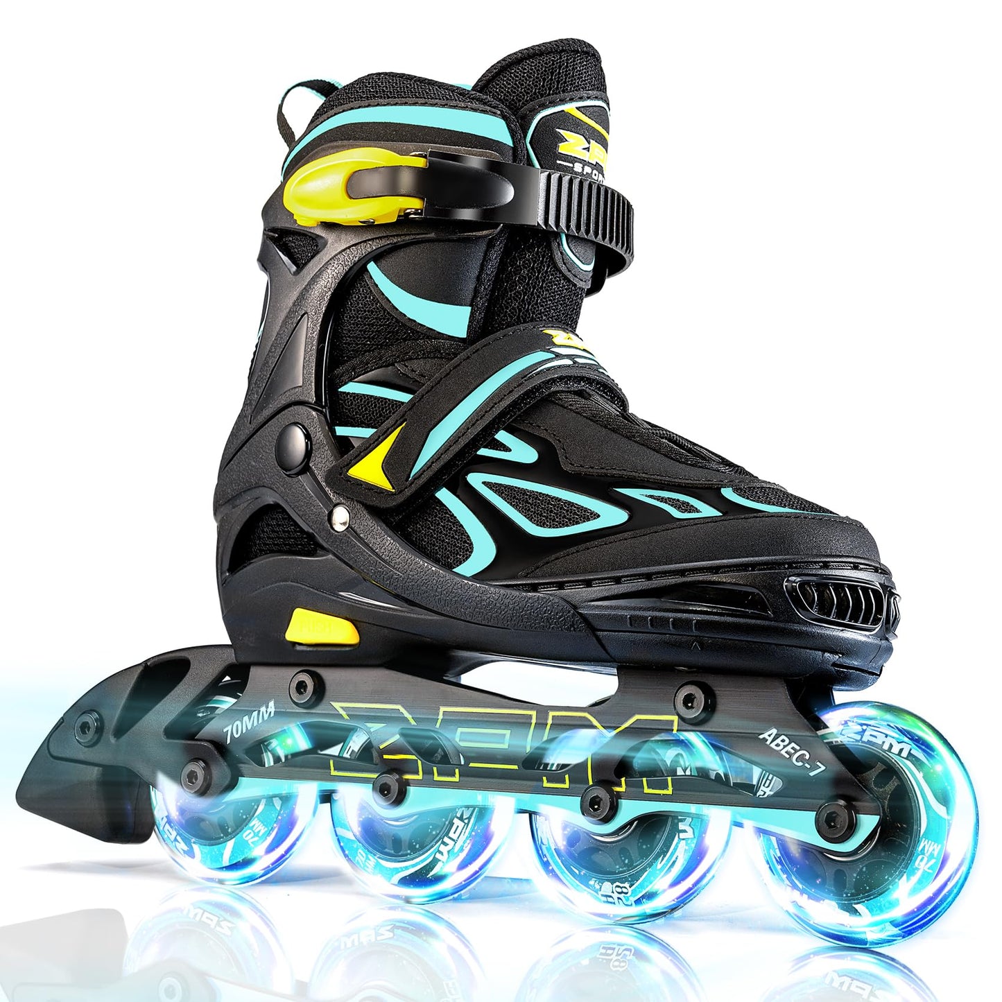 2PM SPORTS Vinal Girls and Boys Adjustable Flashing Inline Skates, All Wheels Light Up, Fun Illuminating for Kids and Women- Cyan M