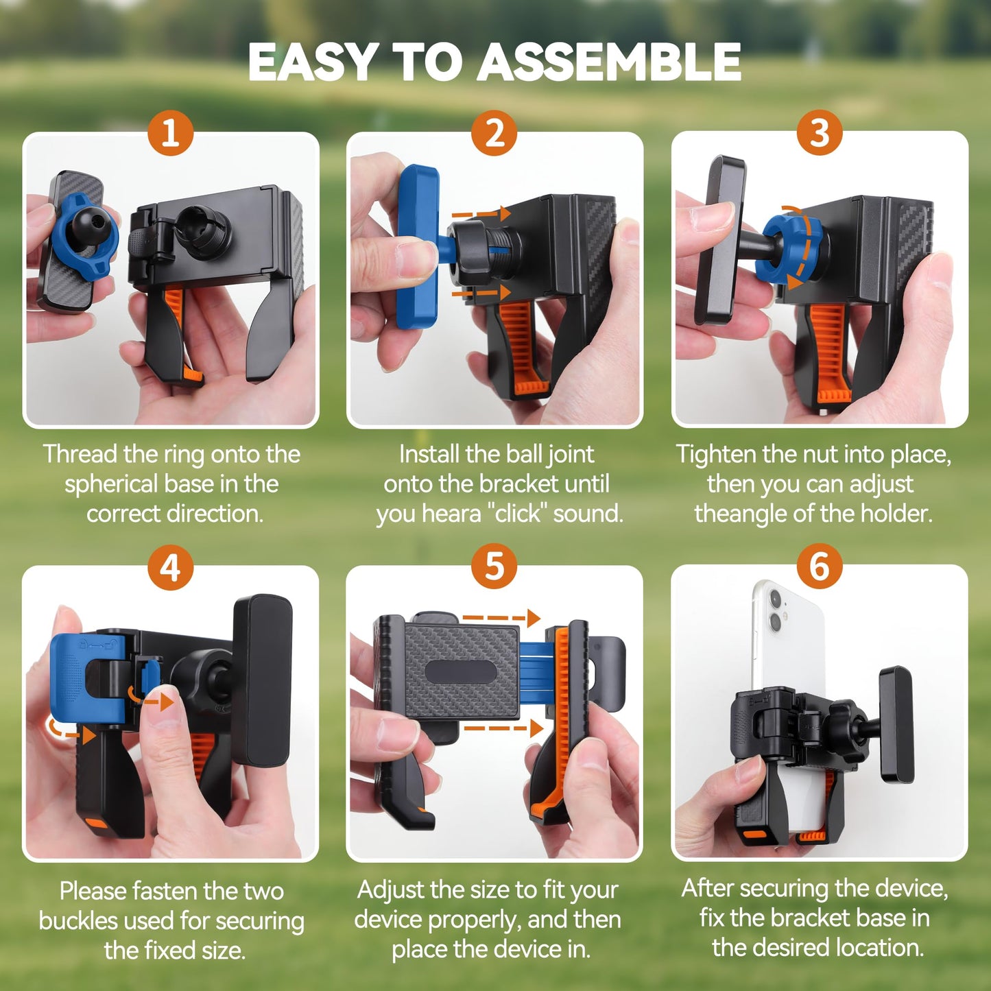 ROWFEN Phone Holder for Golf Cart - Golf Phone Holder with 2 Bases (Magnetic Base & Clamp Base), 360° Rotation, Universal Fit for Smartphones/Thick Cases, Secure Hands-Free Golf Accessories (Orange)