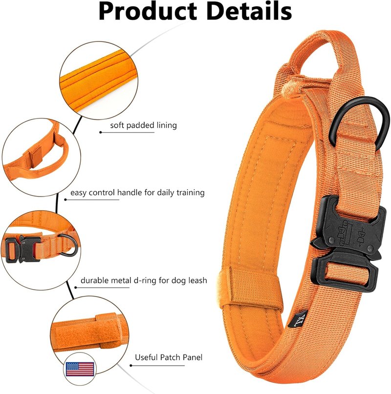Tactical Dog Collar - Adjustable Military Nylon with Control Handle & Heavy Metal Buckle | Medium & Large Dogs (Orange, S)