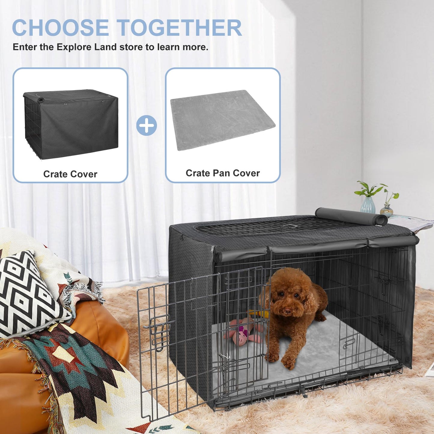 Explore Land Dog Crate Pan Cover with Fluffy Top and Waterproof TPU Lining, Washable Pan Enclosure Cover for 42 inch Pet Cage