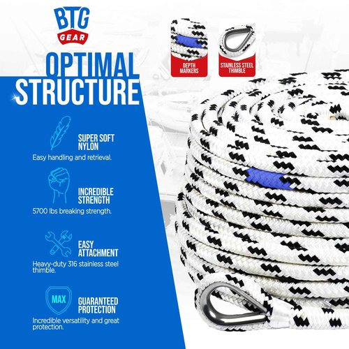 BTG Gear Heavy Duty 100 ft 3/8" Marine/Nautical Boat Anchor Line Depth Markers Rope w/Stainless Steel Thimble Eye Bolt, Boats up to 27'